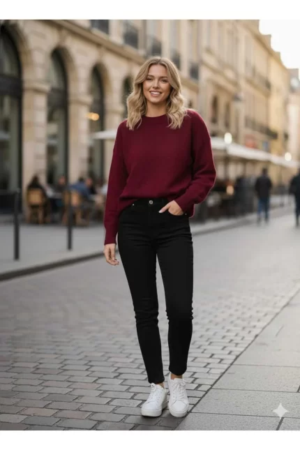 Bordo Bisiklet Yaka Oversize Triko Kadın Kazak