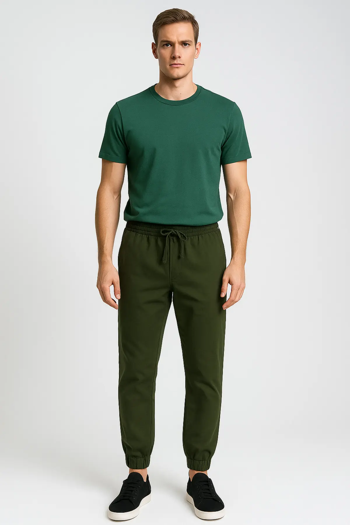 Haki Renk Düz Tasarım Paça Lastikli Düğme Kapamalı Slim Fit Erkek Pantolon 1