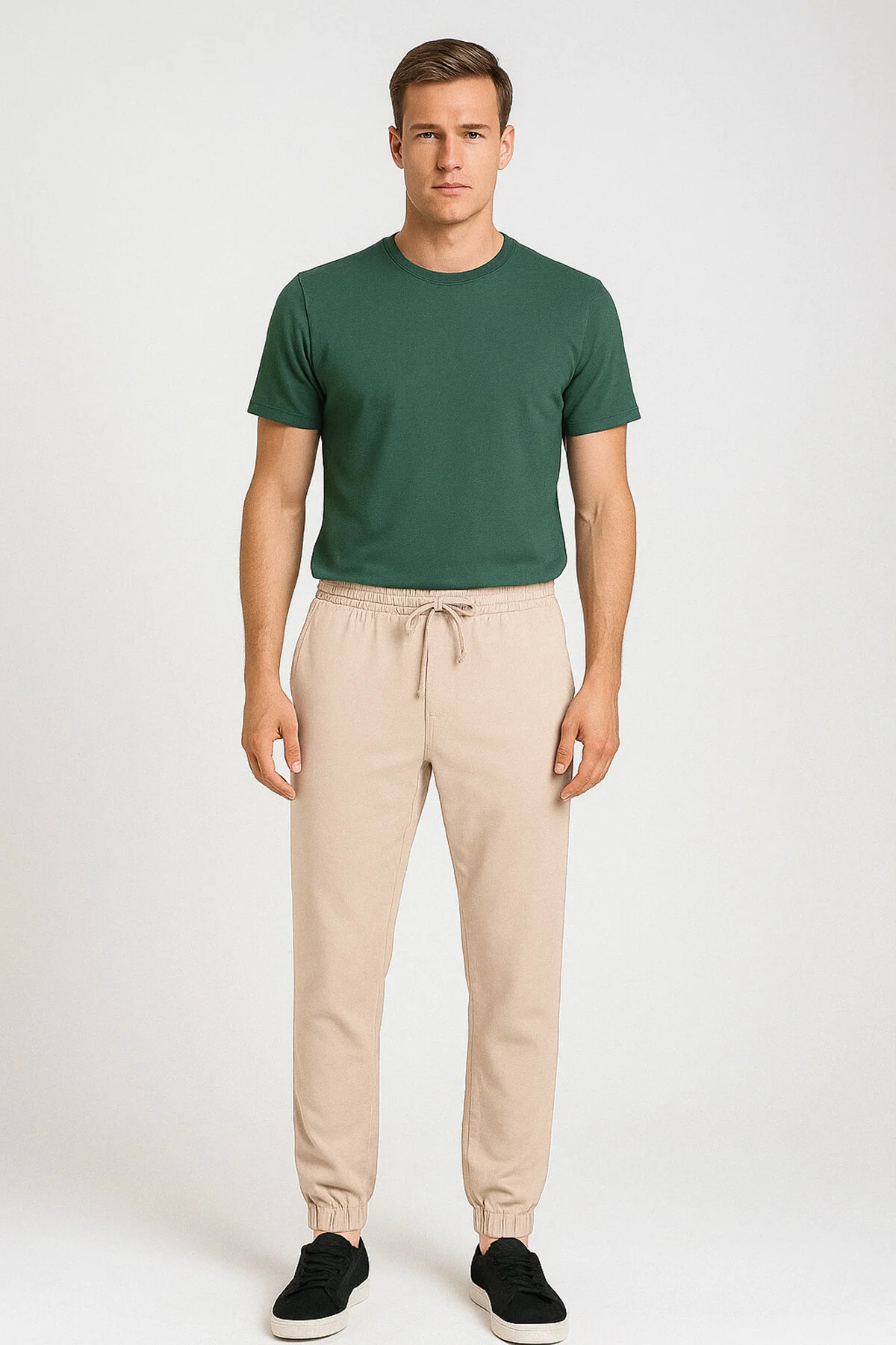 Krem Renk Düz Tasarım Paça Lastikli Düğme Kapamalı Slim Fit Erkek Pantolon 1