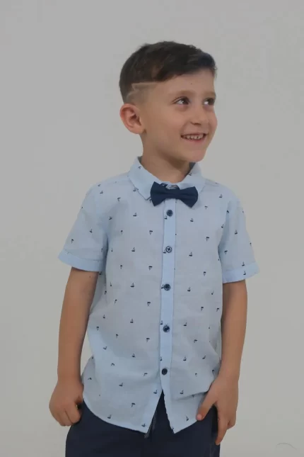 Mavi Renk Desenli Erkek Çocuk Papyonlu Gömlek